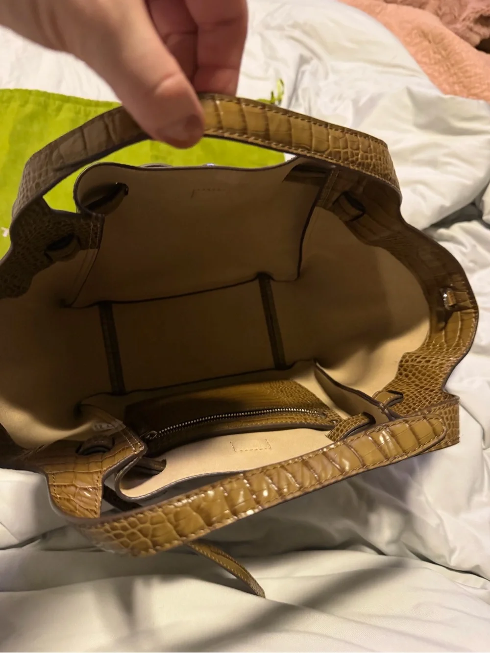 Tory Burch Olive Croc-Embossed Romy Tote with shoulder strap. “Never worn”